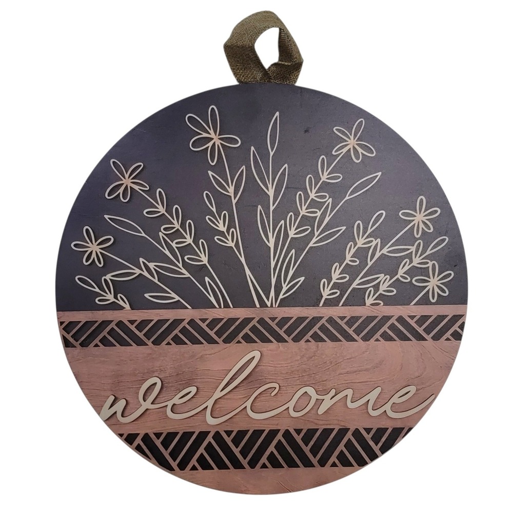 Autumn Welcome Sign Fall Floral Blue Tan Wood Round Farmhouse Rustic Wall Decor